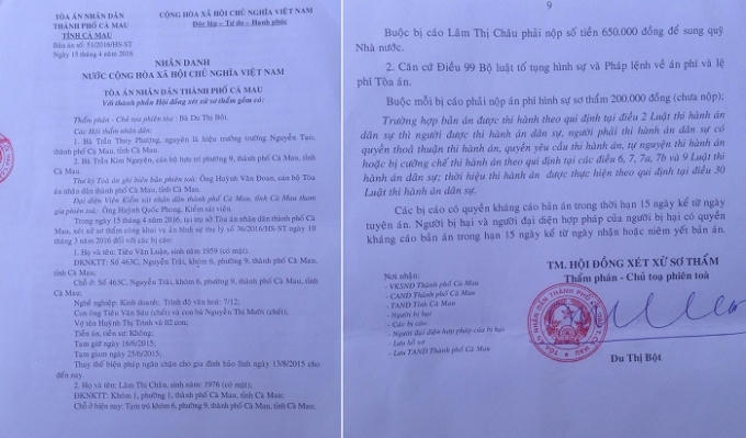 Nội dung bản án của TAND TP Cà Mau.
