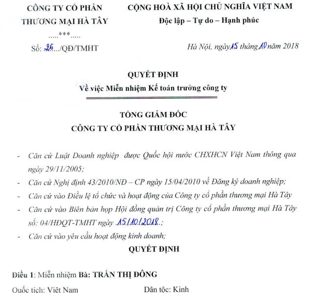 Miễn nhiệm Kế toán trưởng công ty CP thương mại Hà Tây. Ảnh: Chụp màn hình.