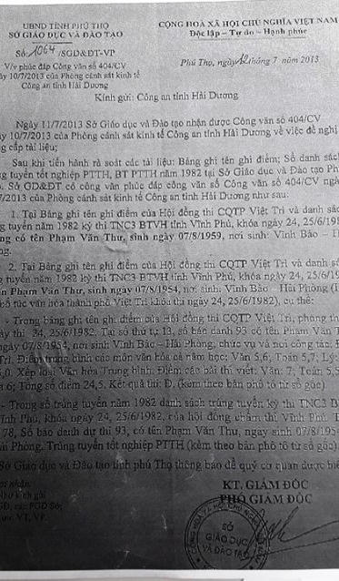 Theo văn bản Sở Giáo dục và Đào tạo tỉnh Phú Thọ cung cấp công an tỉnh Hải Dương thì không có tên Phạm Văn Thư sinh ngày 07/08/1959.