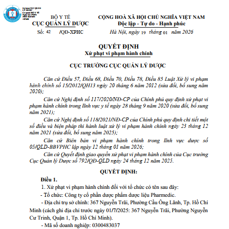 Cục Quản lý Dược (Bộ Y tế) vừa ban hành quyết định xử phạt hành chính đối với Công ty cổ phần dược phẩm dược liệu Pharmedic. (Ảnh chụp màn hình)