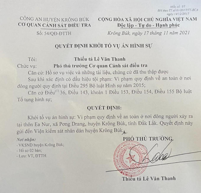 Quyết định khởi tố của Cơ quan CSĐT Công an huyện Krông Buk.