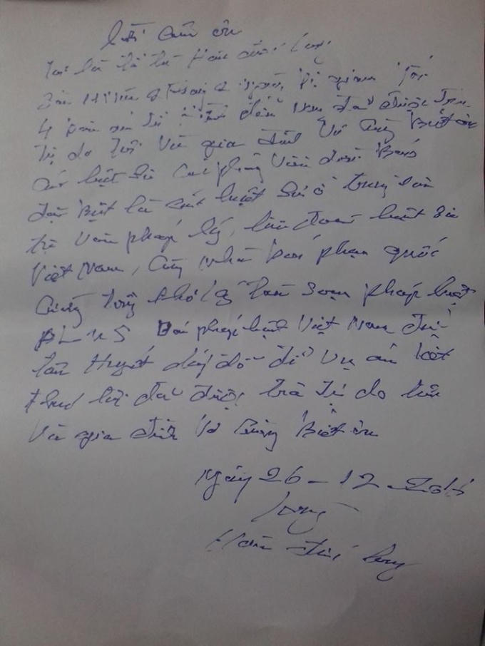 Bức thư do ông Hàn Đức Long viết gửi đến luật sư, nhà báo để tỏ lòng cảm ơn.