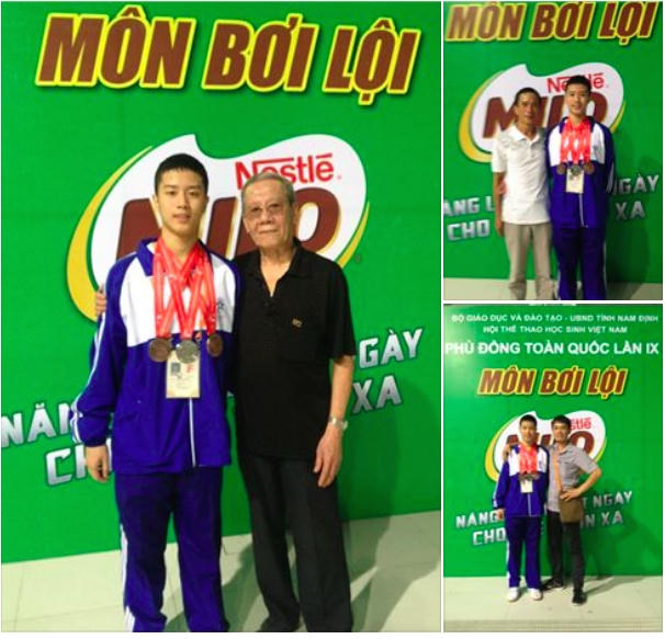 Em Nguyễn Phi Khanh, chụp ảnh cùng người thân sau khi nhận huy chương tại Hội khoẻ Phù Đổng toàn quốc lần IX năm 2016.