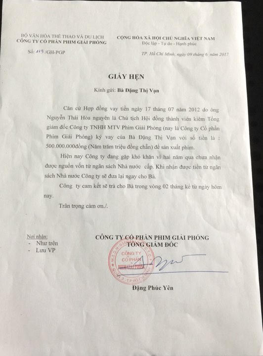 Giấy hẹn của Công ty cổ phần phim Giải Phóng.