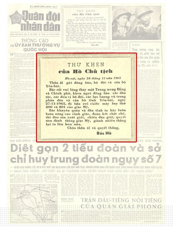 Trang nhất Báo Quân đội nhân dân ra ngày 30-11-1965.