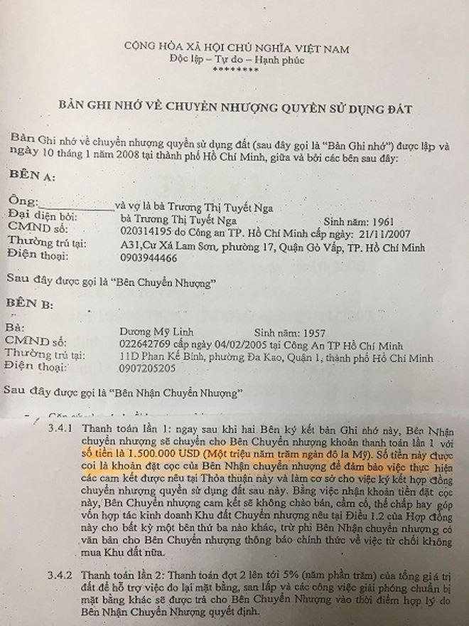 Nội dung thỏa thuận thể hiện số tiền đặt cọc là 1,5 triệu USD chứ không phải 3,1 triệu USD.