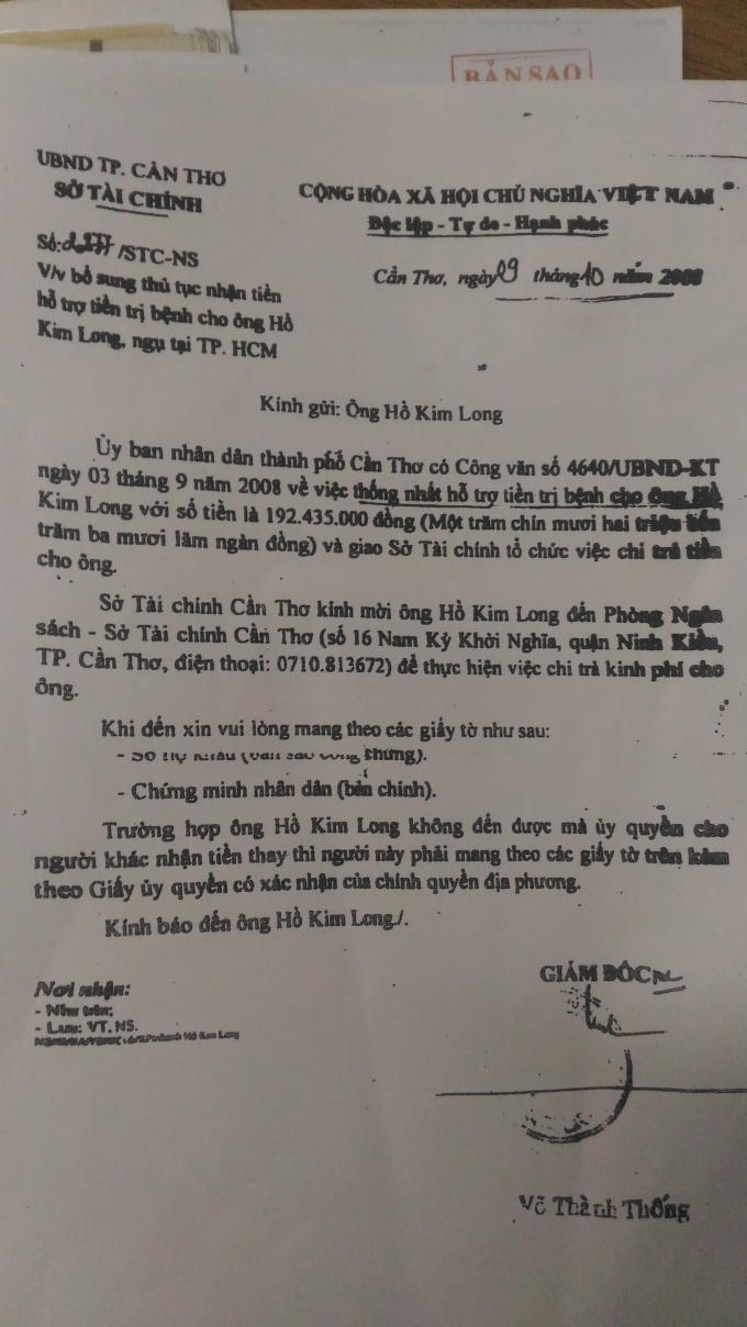 Văn bản &ldquo;hỗ trợ tiền trị bệnh&rdquo; của Sở T&agrave;i ch&iacute;nh được xem l&agrave; giải quyết khiếu nại đ&ograve;i nh&agrave; của &ocirc;ng Long.