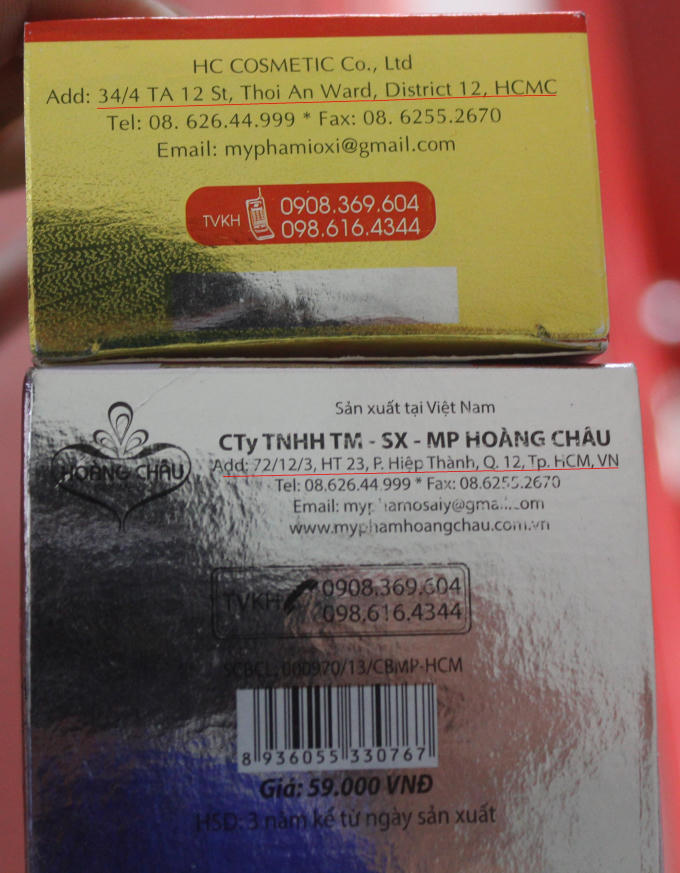 Hai sản phẩm mỹ phẩm này cùng hiệu Hoàng Châu nhưng có 2 địa chỉ khác nhau, một địa chỉ không có thực, liệu đây là sản phẩm sản xuất chui?