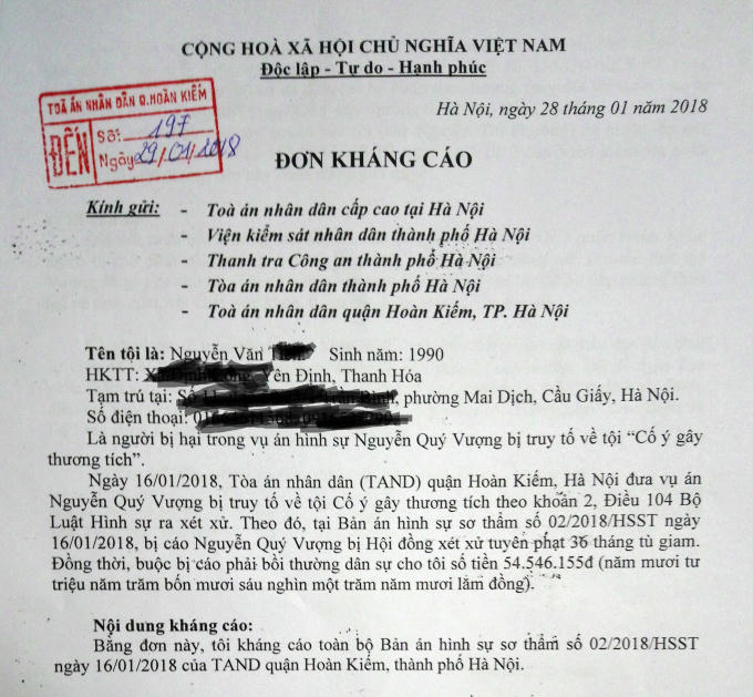 Đơn Kháng cáo của bị hại.