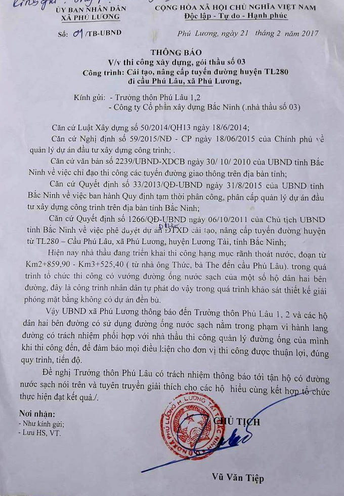 Văn bản số 01/TB-UBND của UBND xã Phú Lương.
