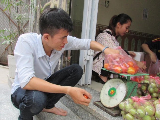 Trước mỗi buổi giao h&agrave;ng, T&ugrave;ng sẽ ngồi c&acirc;n v&agrave; đ&oacute;ng g&oacute;i sẵn rau củ quả (Ảnh: B&ugrave;i Hiền).