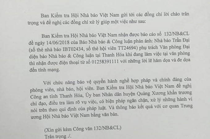 Công văn của Ban Kiểm tra, Hội Nhà báo Việt Nam. Ảnh: X.H