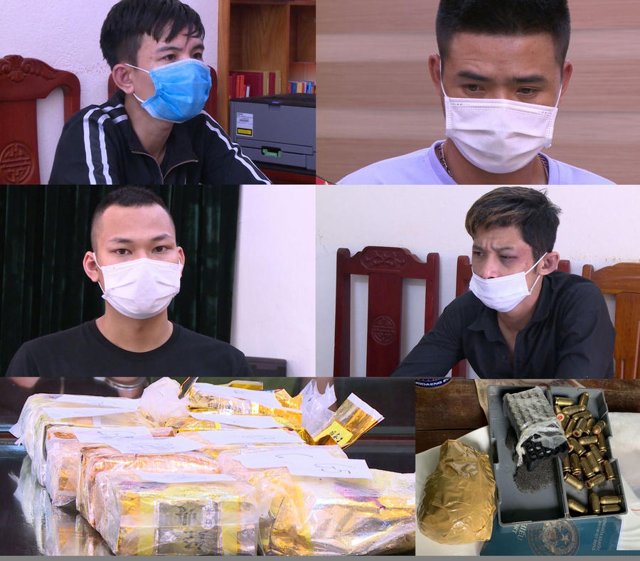 4 Đối tượng (từ trái qua phải): Toàn, Huy, Kiên, Chung và các tang vật thu được