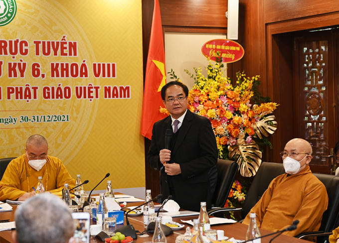 Ông Vũ Chiến Thắng, Thứ Trưởng Bộ Nội vụ, Trưởng ban Tôn giáo Chính phủ phát biểu tại Hội nghị.