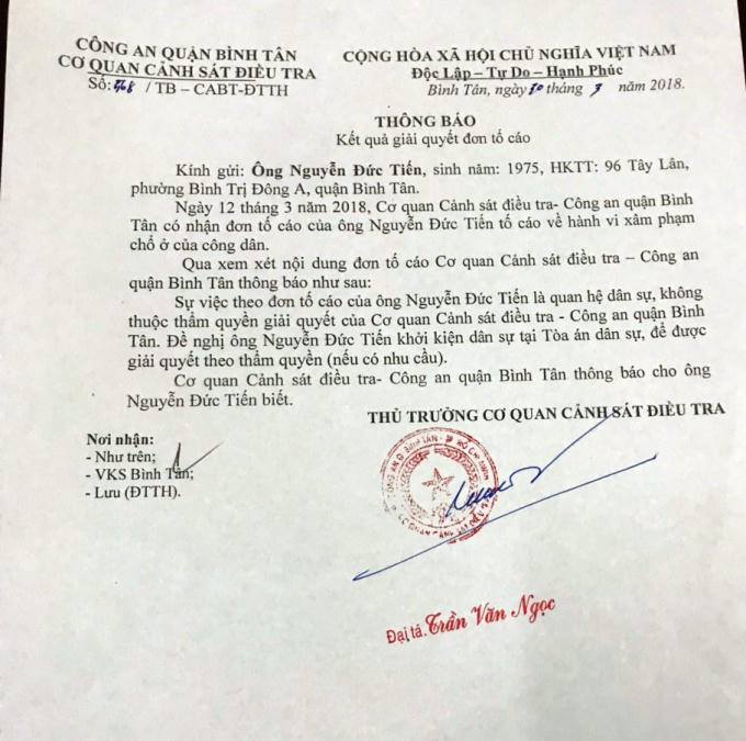 Thông báo số 568/TB-CABT-ĐTTH của Cơ quan CSĐT Công an quận Bình Tân.