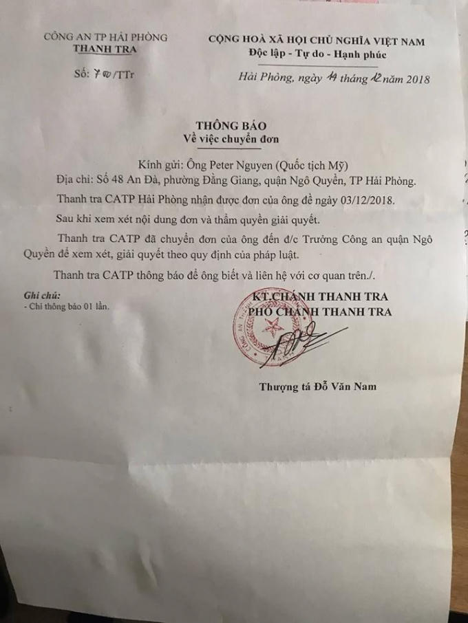 Thông báo của Thanh tra CA TP Hải Phòng yêu cầu CA quận Ngô Quyền giải quyết vụ việc.
