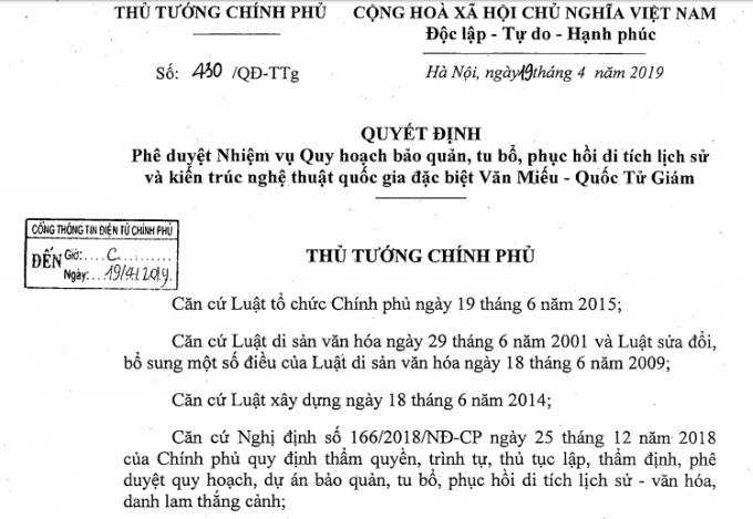 Quyết định số: 430/ QĐ-TTg, Phê duyệt Nhiệm vụ Quy hoạch bảo quản, tu bổ, phục hồi di tích lịch sử và kiến trúc nghệ thuật quốc gia đặc biệt Văn Miếu - Quốc Tử Giám. (Ảnh: Chụp màn hình)