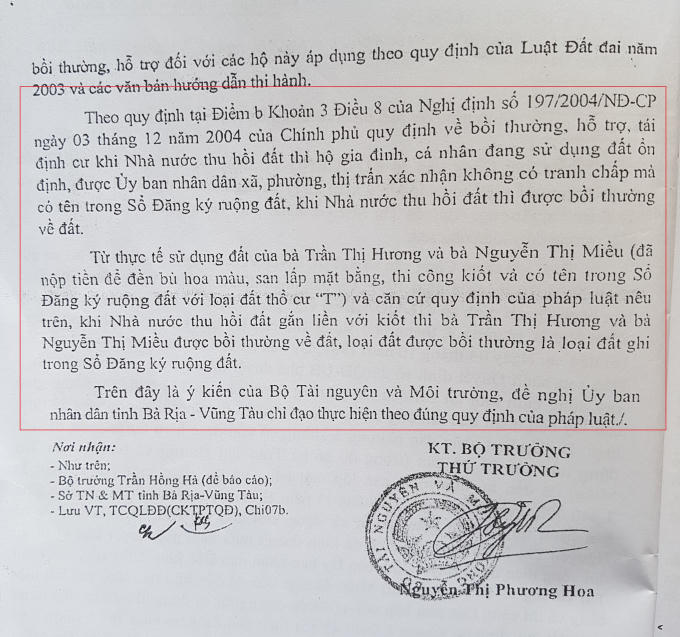 Văn bản số 365/BTNMT-TCQLĐĐ của Bộ TN&amp;MT gửi UBND tỉnh BR-VT cho biết, trường hợp bà Hương và bà Miều được bồi thường về đất.