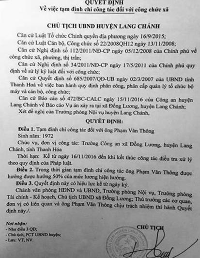 Quyết định tạm đình chỉ công tác đối với ông Phạm Văn Thông.