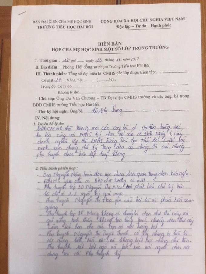 Biên bản cuộc họp cha mẹ học sinh, các phụ huynh đều khẳng định mình không ký vào đơn.