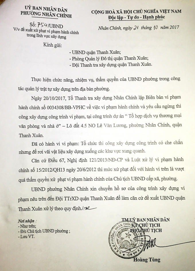 Văn bản số 754/UBND của UBND phường Nhân Chính.