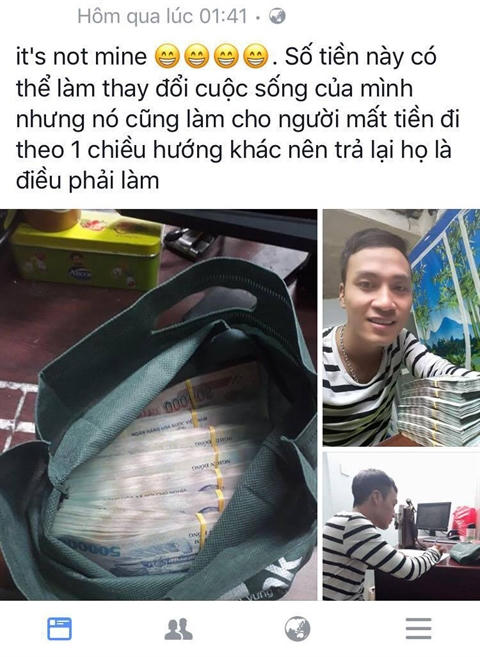 Huy Cảng cảm thấy thoái mái sau khi trao trả số tiền 320 triệu.