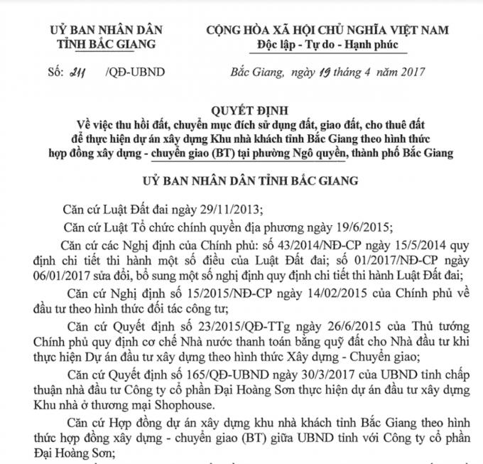 Quyết định thu hồi đất của UBND tỉnh Bắc Giang.