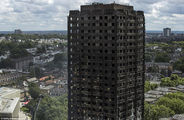 Tòa tháp Grenfell sau cơn hỏa hoạn kinh hoàng.