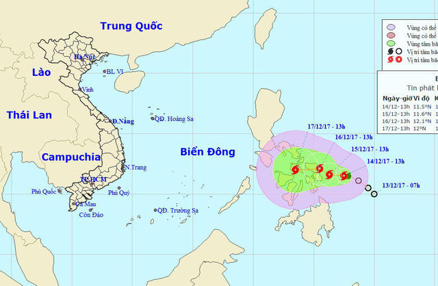 Vị trí và hướng di chuyển của bão Kai-tak. (Ảnh: NCHMF).