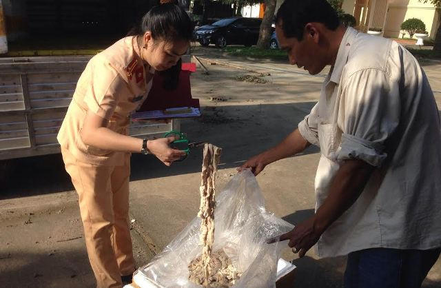 Kiểm tra và bắt giữ 1,6 tấn nội tạng động vật bốc mùi hôi thối. (Ảnh: CSGT cung cấp)
