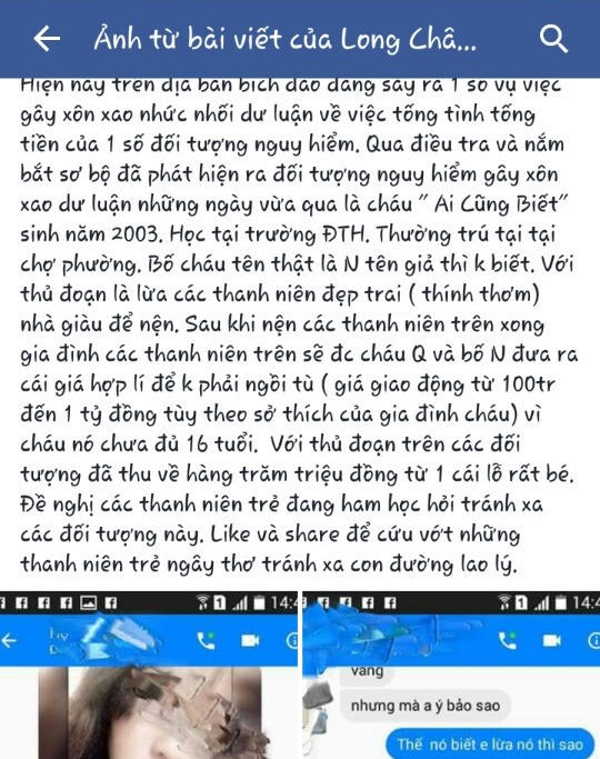 Một trong những nội dung bịa đặt, bôi nhọ được đối tượng Long đăng tải trên tài khoản facebook cá nhân, được gia đình nạn nhân sao chụp, gửi cơ quan điều tra.