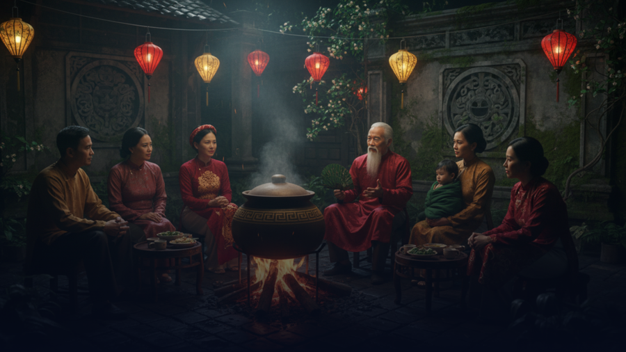 Hình ảnh cả gia đình quây quần bên nồi bánh chưng đỏ lửa là biểu tượng đẹp nhất của sự đoàn viên. (Ảnh: Phạm Duy)