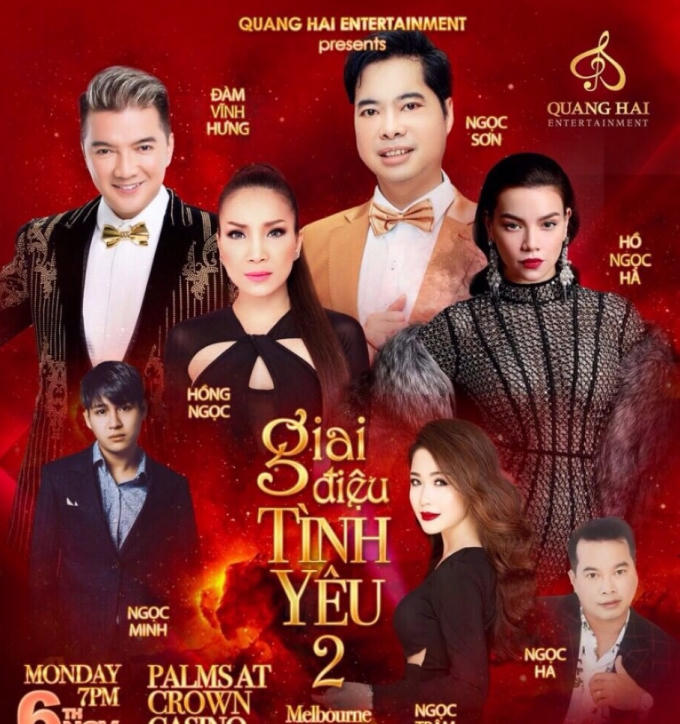 Ngọc Hà cũng sẽ tham gia cả 3 show diễn tại Melbourne - Úc cùng với Ngọc Sơn. Show diễn kéo dài từ 3/11 đến 8/11/2017.