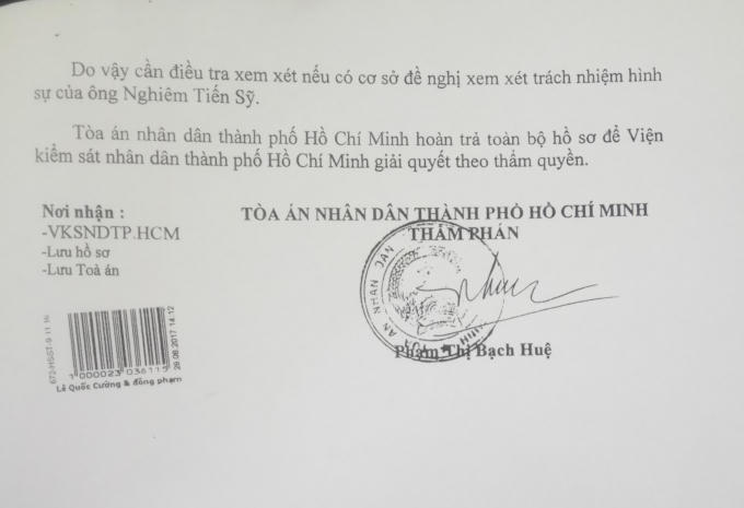 Quyết định của TAND TP HCM ngày 28/8/2017: "cần điều tra xem xét nếu có cơ sở đề nghị xem xét trách nhiệm hình sự của ông Nghiêm Tiến Sỹ”