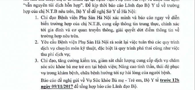 Công văn của Bộ Y tế đề nghị Sở Y tế Hà Nội chỉ đạo BV Phụ sản Hà Nội xác minh thông tin và báo cáo Bộ Y tế.