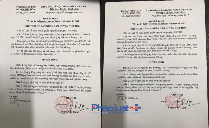Quyết định kỷ luật bà Nguyễn Thị Thắm và bà Nguyễn Thị Trường của UBND huyện Hiệp Hòa (Bắc Giang).