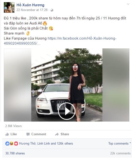 Thông tin chia sẻ trên trang facebook cá nhân của Hồ Xuân Hương.