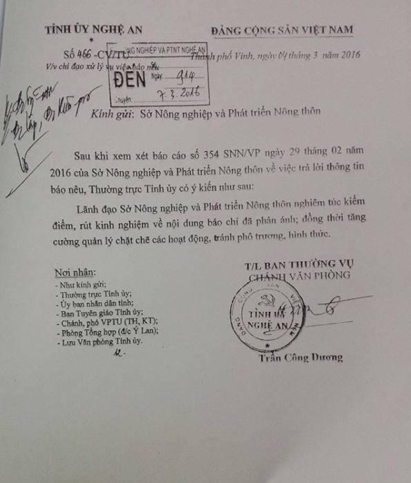 Văn bản của Tỉnh ủy Nghệ An về sự việc.