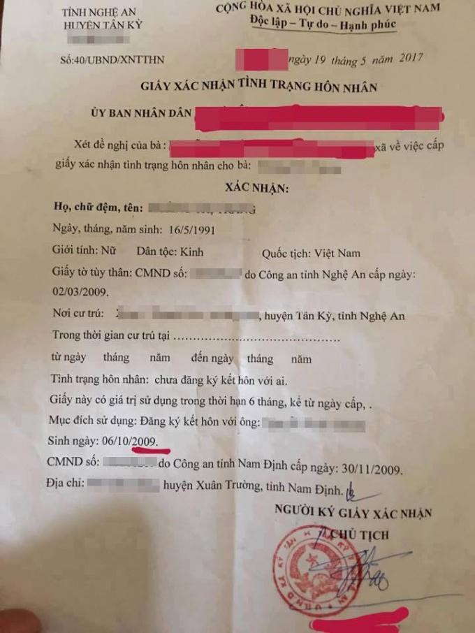 giấy xác nhận tình trạng hôn nhân mà chính quyền địa phương cấp để chị Tr kết hôn với chồng mới lên 8 tuổi?!