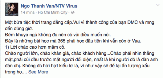 Dòng trạng thái của Ngô Thanh Vân nói về cái cúi chào của Angela Phương Trinh bị cho là nhỏ nhặt, chấp nhất với đàn em.