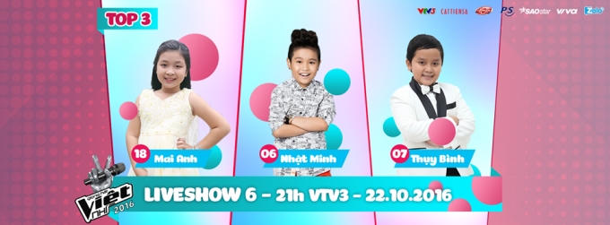 Top 3 Liveshow 6 gồm Mai Anh, Nhật Minh, Thụy Bình.