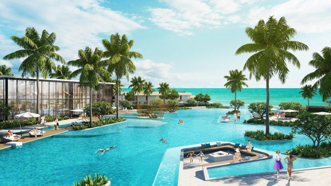 Phối cảnh bể bơi hiện đại trong khuôn viên dự án Sun Premier Village Kem Beach Resort.