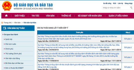 Trang web của Bộ GD-ĐT không còn dự thảo thông tư an hành Quy chế công tác học sinh, sinh viên (HSSV) đối với các ngành đào tạo giáo viên trình độ cao đẳng, trình độ trung cấp hệ chính quy.