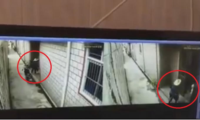 Người lạ mang theo bao tải liều lĩnh đi hẳn vào cửa nhà để tiếp cận em bé. (Ảnh: Chụp màn hình).