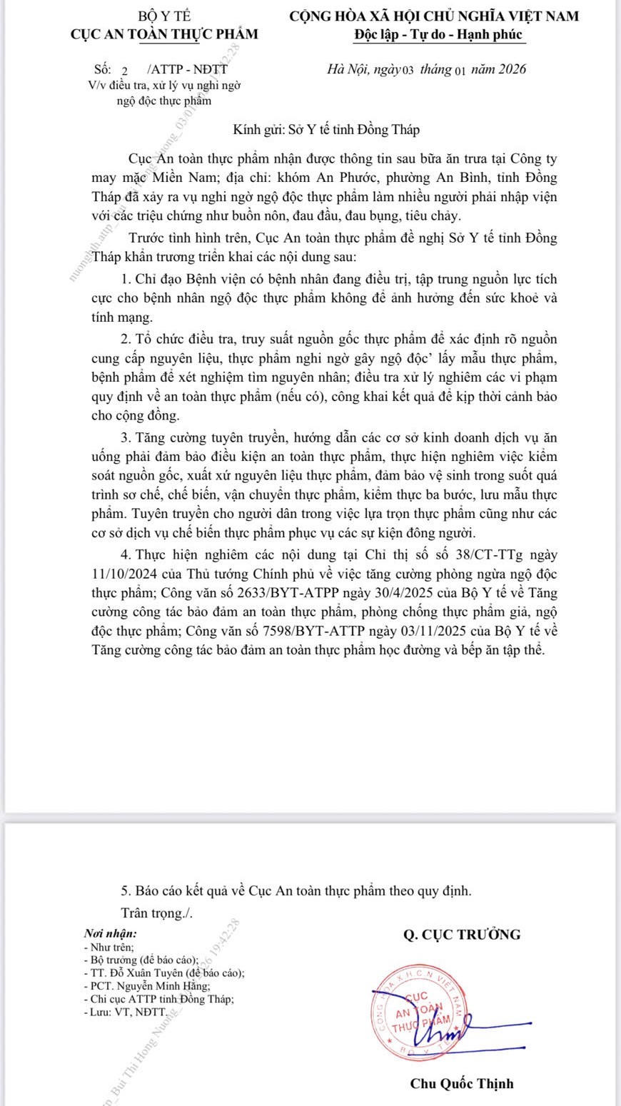 Bộ Y tế : Yêu cầu Sở Y tế tỉnh Đồng Tháp điều tra, xử lý vụ nghi ngờ ngộ độc thực phẩm tại Công ty may mặc Miền Nam, phường An Bình, tỉnh Đồng Tháp. (Ảnh: Bộ Y tế)