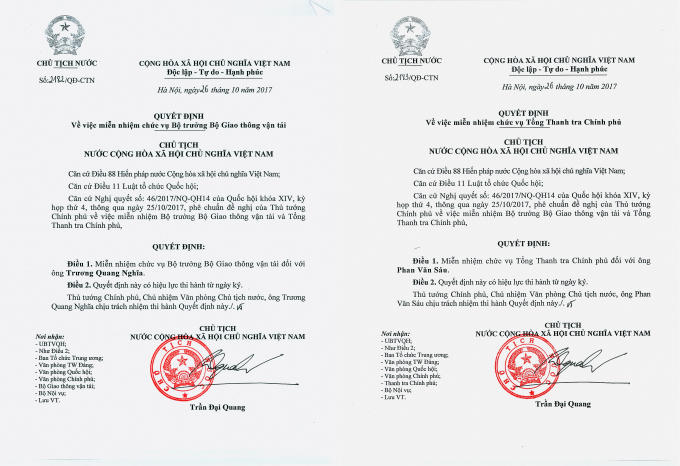 Chủ tịch nước Trần Đại Quang ký Quyết định miễn nhiệm; bổ nhiệm 2 thành viên Chính phủ