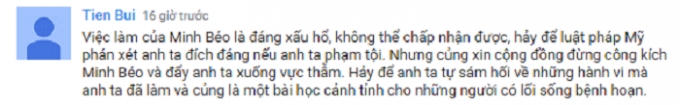 Nick name Tien Bui cho rằng việc làm của Minh Béo là đáng xấu hổ và không thể chấp nhận được.