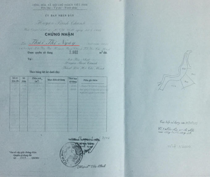 UBND huyện Bình Chánh đã cấp GCNQSDĐ số 1334/QSDĐ ngày 23/5/1996, sau đó cấp thay đổi lại vào năm 2001 cho bà Thái Thị Ngày mẹ ông Thái Văn Đấu.