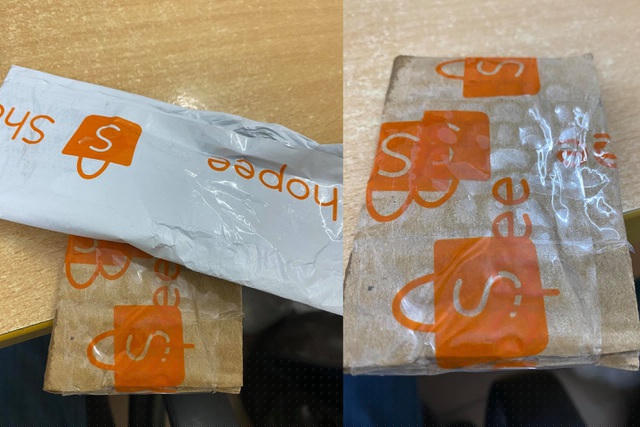 Gói hàng giả được dán cẩn thận với băng dính có kèm logo từ Shopee.