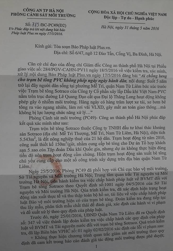 Công văn phản hồi của Phòng Cảnh sát môi trường (Công an TP Hà Nội).